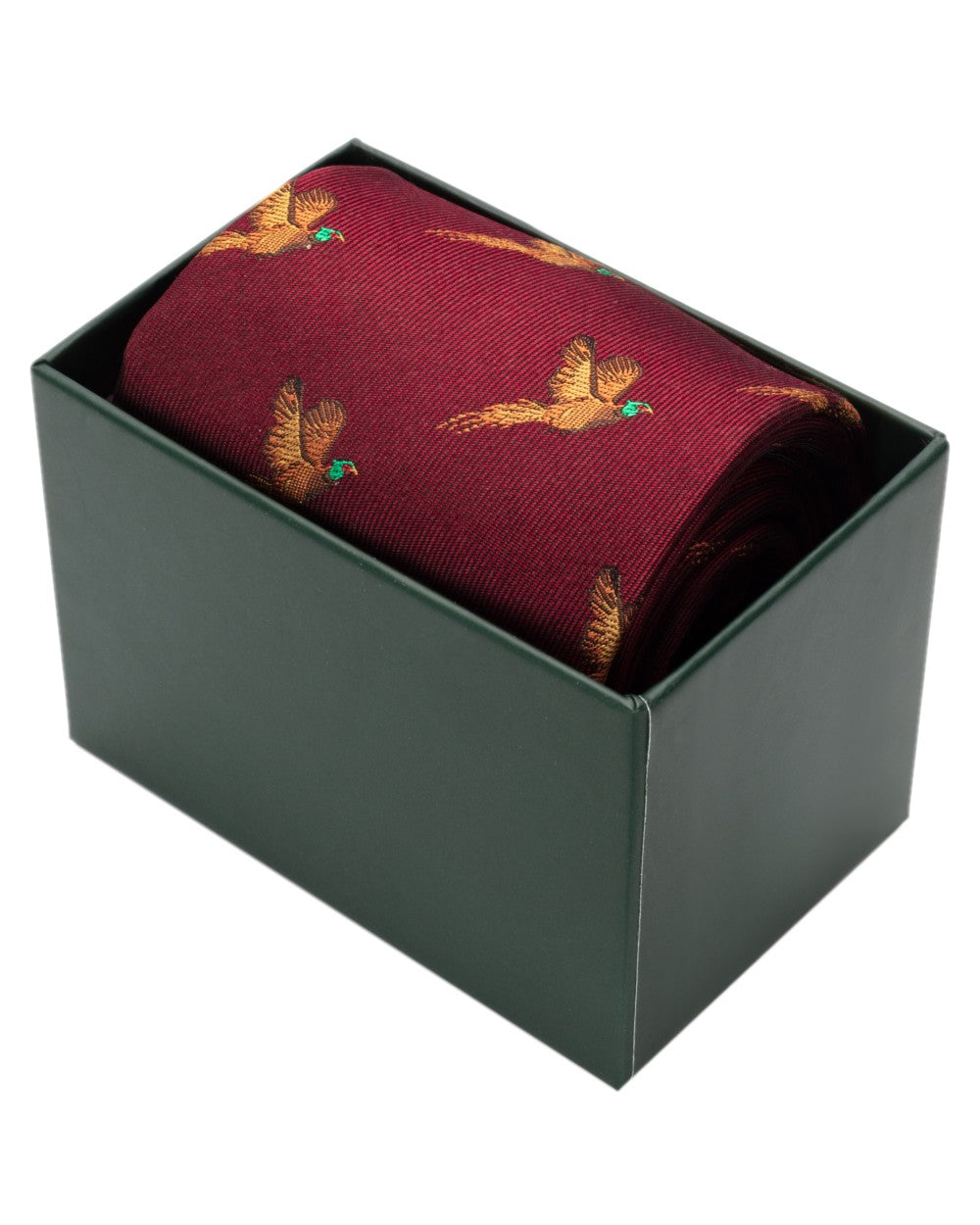 Wine Coloured Hoggs of Fife Silk Woven Tie Pheasants Boxed on white background #colour_wine
