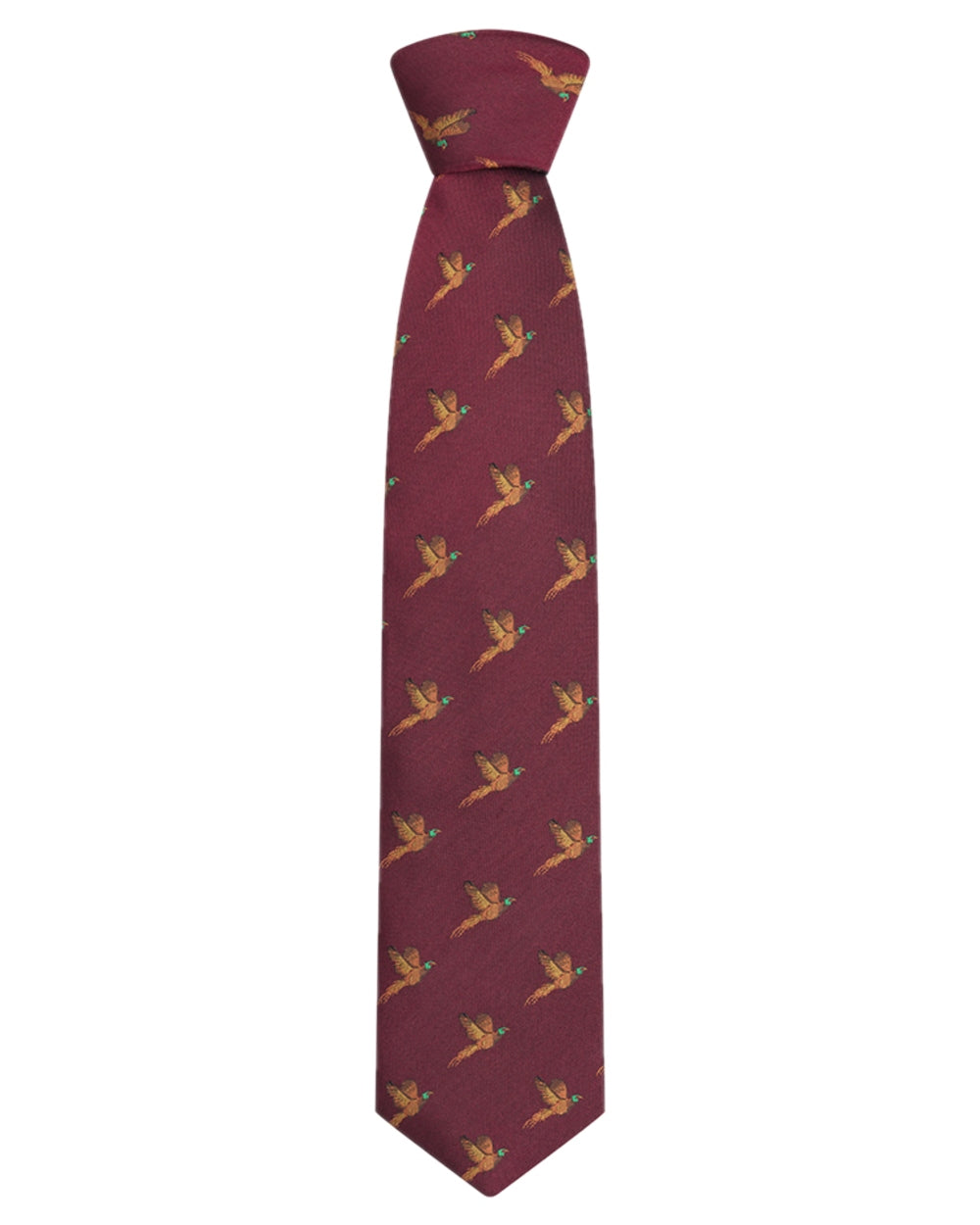 Wine Coloured Hoggs of Fife Silk Woven Tie Pheasants Boxed on white background #colour_wine