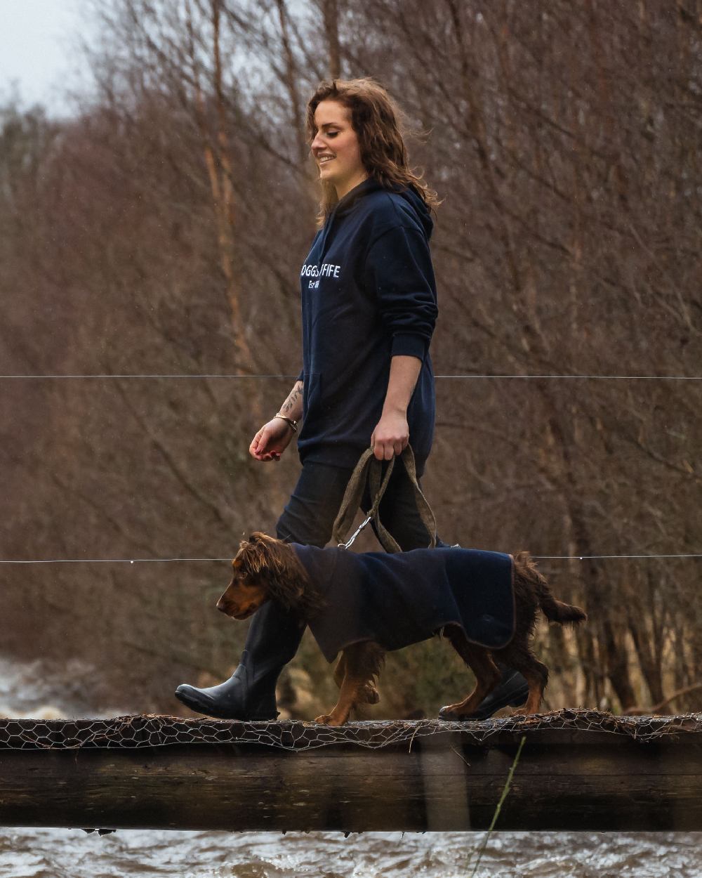 Navy Coloured Hoggs of Fife Stenton Fleece Dog Coat on countryside background #colour_navy