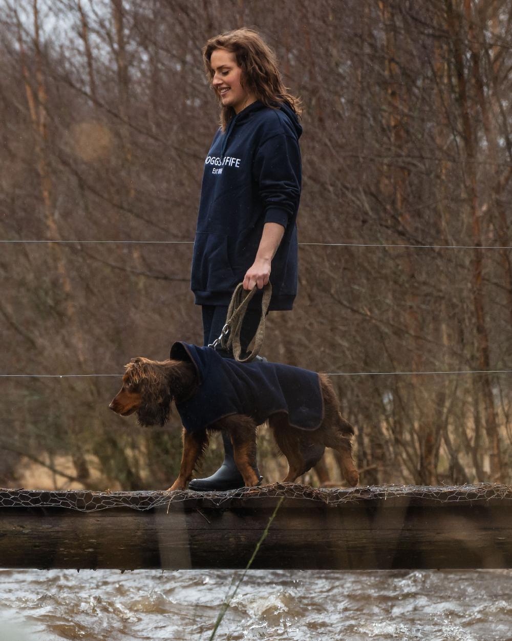Navy Coloured Hoggs of Fife Stenton Fleece Dog Coat on countryside background #colour_navy