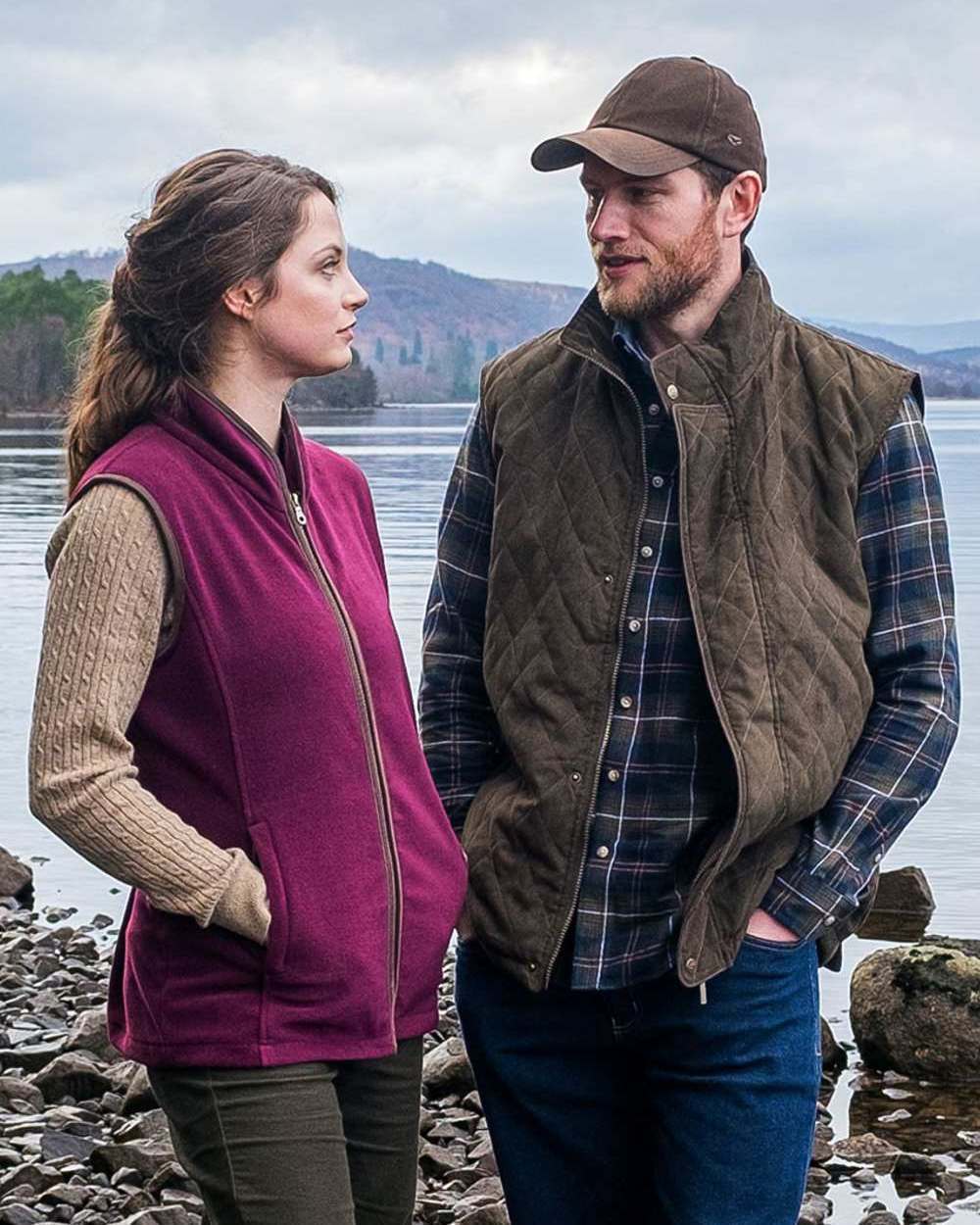 Merlot Coloured Hoggs of Fife Stenton Ladies Fleece Gilet on coastal background #colour_merlot