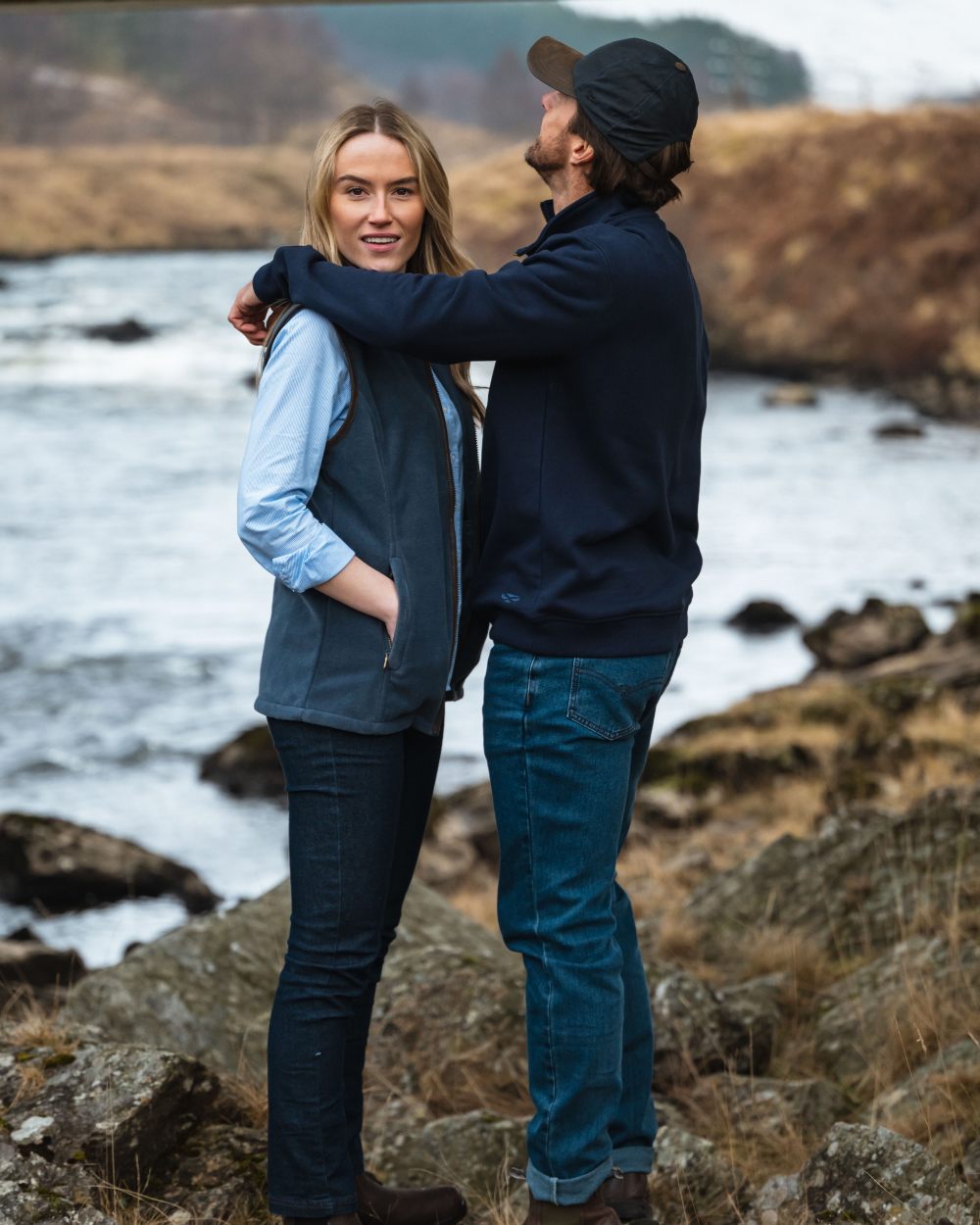 Slate Grey Coloured Hoggs of Fife Stenton Ladies Fleece Gilet on lake background #colour_slate-grey