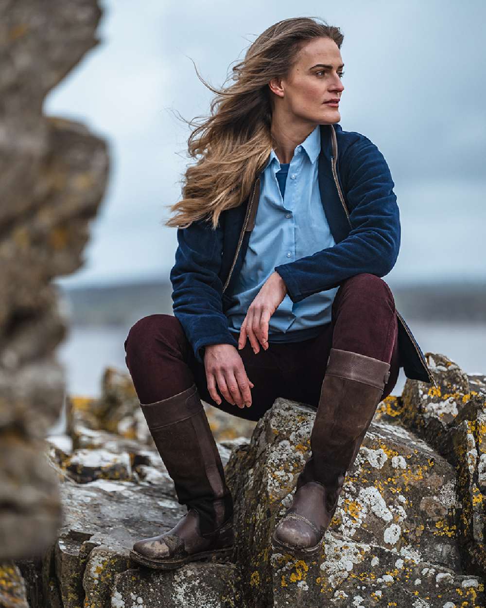 Navy Coloured Hoggs of Fife Stenton Ladies Fleece Jacket on blurry background #colour_navy