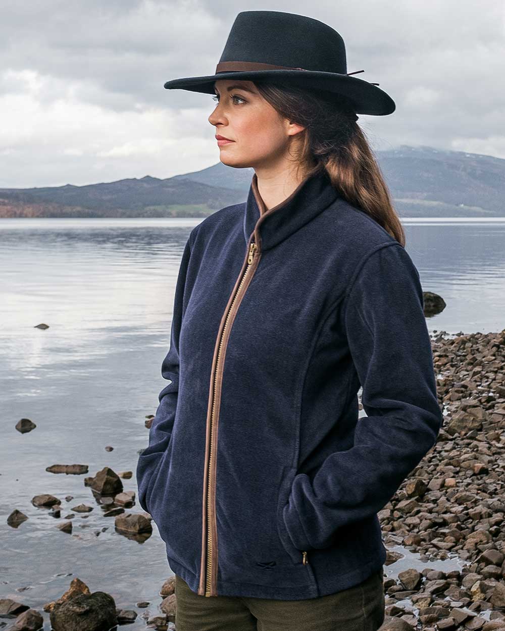 Navy Coloured Hoggs of Fife Stenton Ladies Fleece Jacket on coastal background #colour_navy