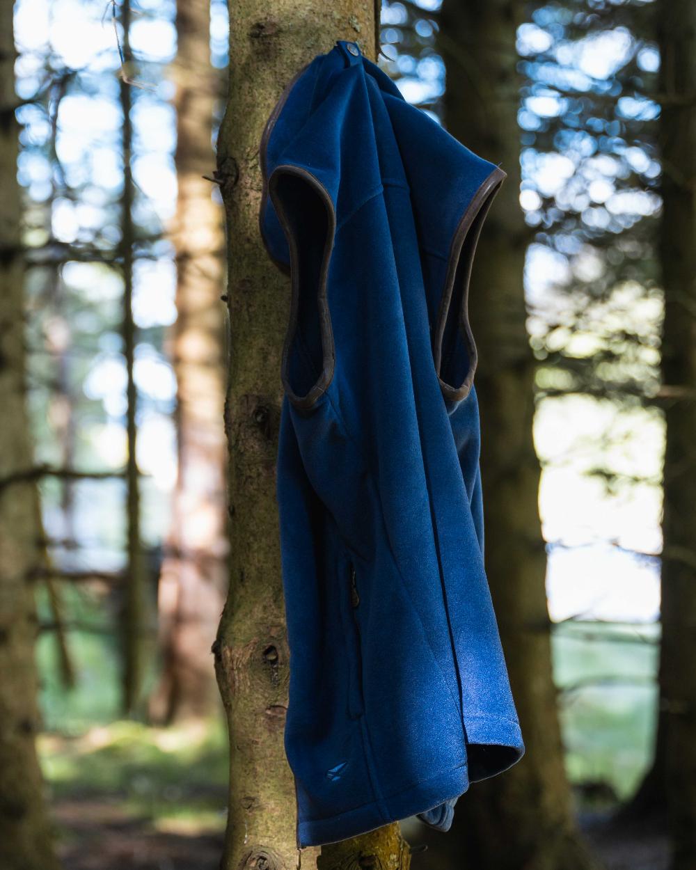 Nordic Blue coloured Hoggs of Fife Stenton Technical Fleece Gilet on forest background #colour_nordic-blue