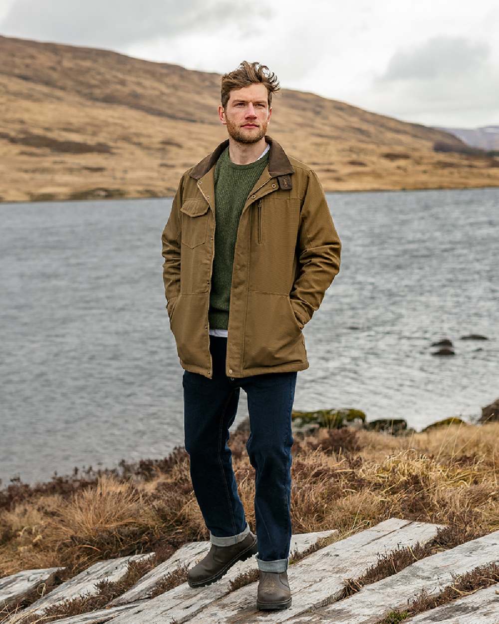 Camel Coloured Hoggs of Fife Stewarton Canvas Coat on river background #colour_camel