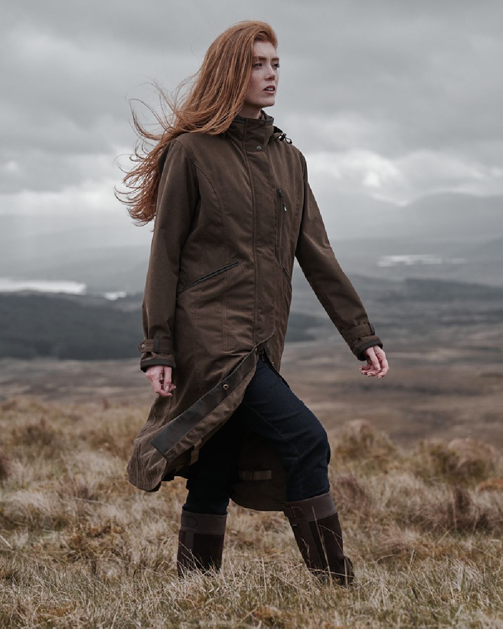 Sage Coloured Hoggs of Fife Struther Ladies Long Riding Coat on countryside background #colour_sage