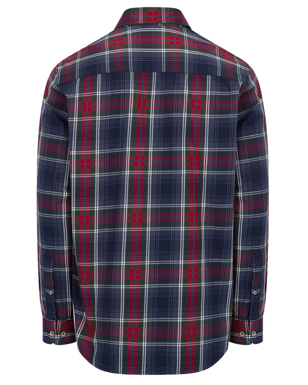 Navy Green Wine coloured Hoggs of Fife Taransay Plaid Twill Shirt on white background #colour_navy-green-wine