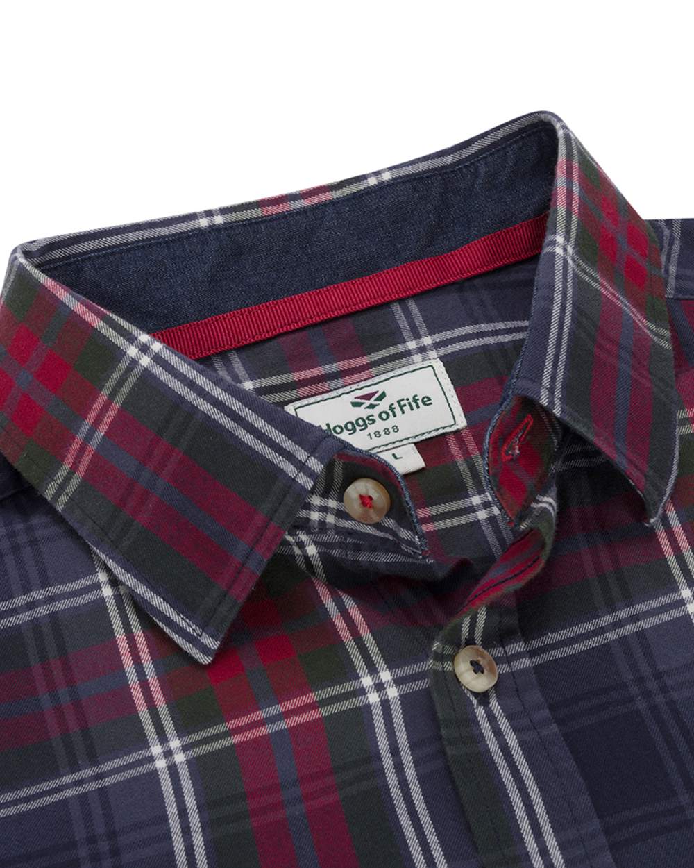 Navy Green Wine coloured Hoggs of Fife Taransay Plaid Twill Shirt on white background #colour_navy-green-wine