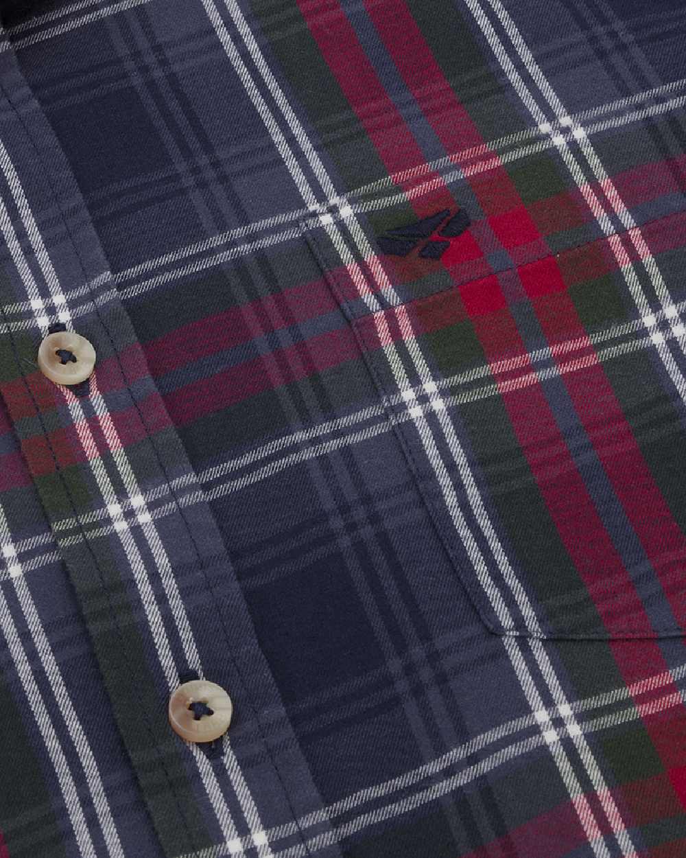 Navy Green Wine coloured Hoggs of Fife Taransay Plaid Twill Shirt on white background #colour_navy-green-wine
