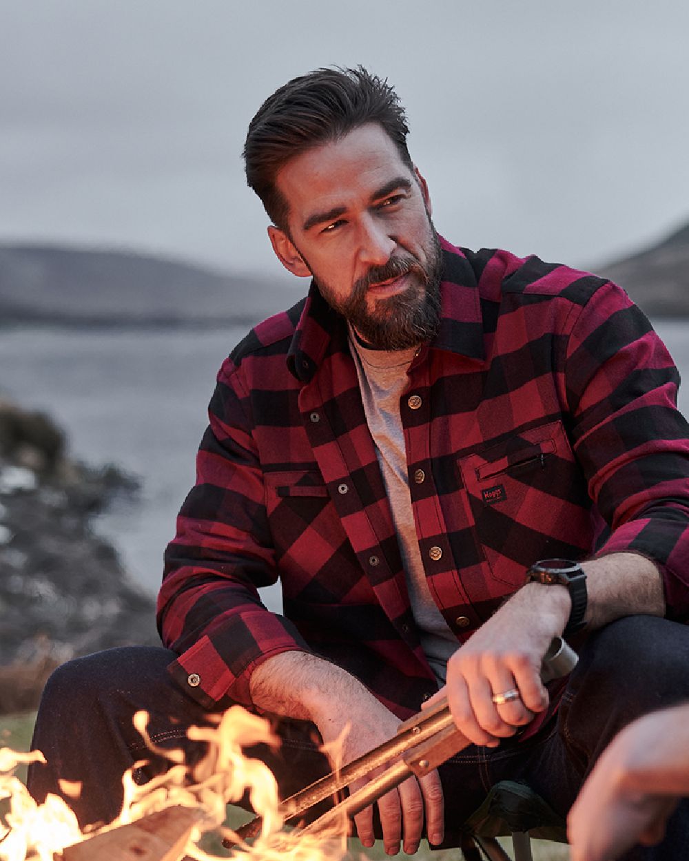 Red Black coloured Hoggs of Fife Tentsmuir Flannel Shirt on lake background #colour_red-black