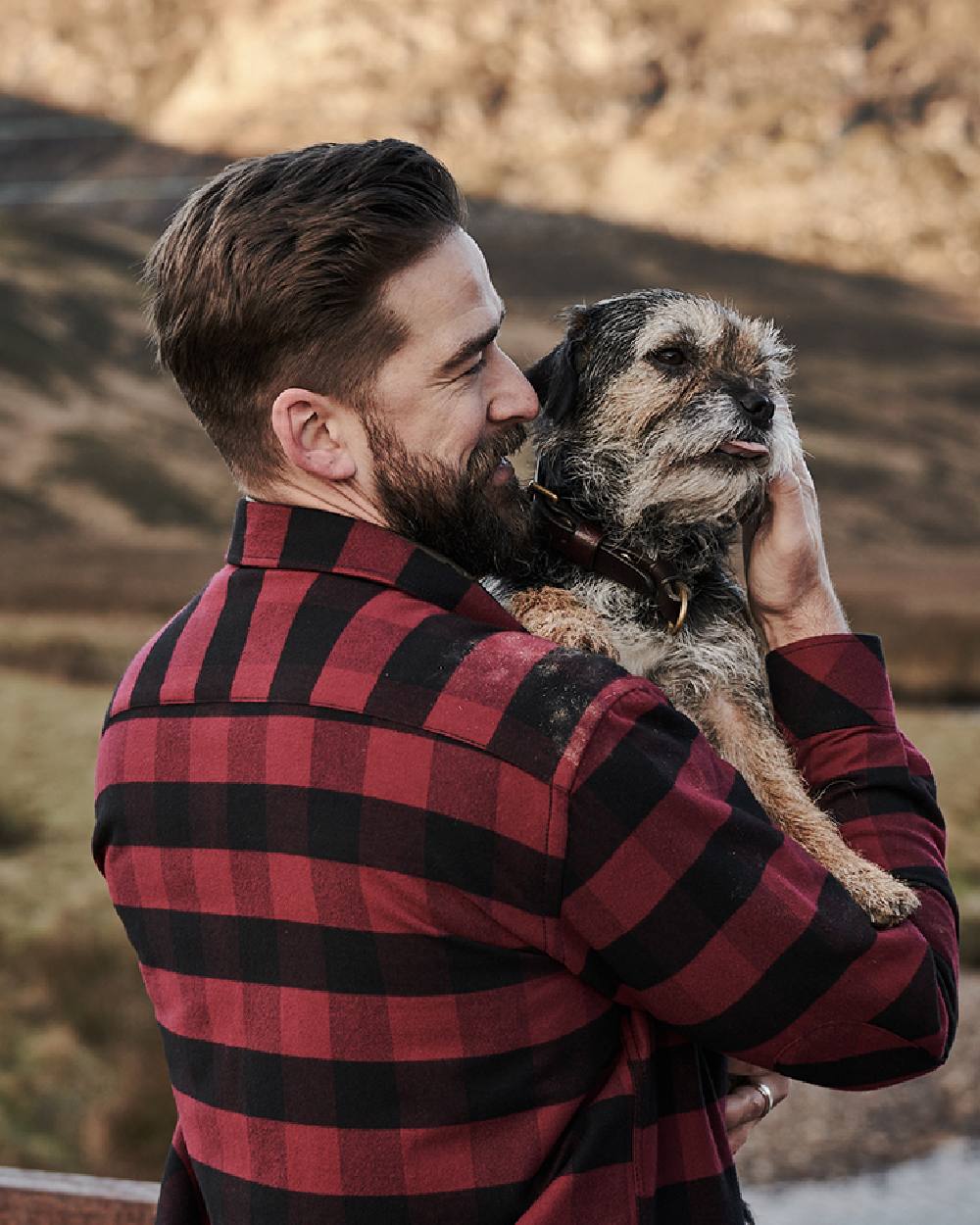 Red Black coloured Hoggs of Fife Tentsmuir Flannel Shirt on mountain background #colour_red-black