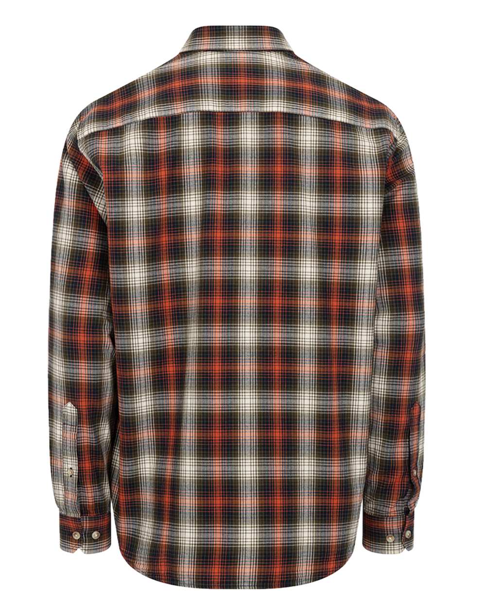 Rust Olive Navy coloured Hoggs of Fife Tiree Herringbone Check Shirt on white background #colour_rust-olive-navy