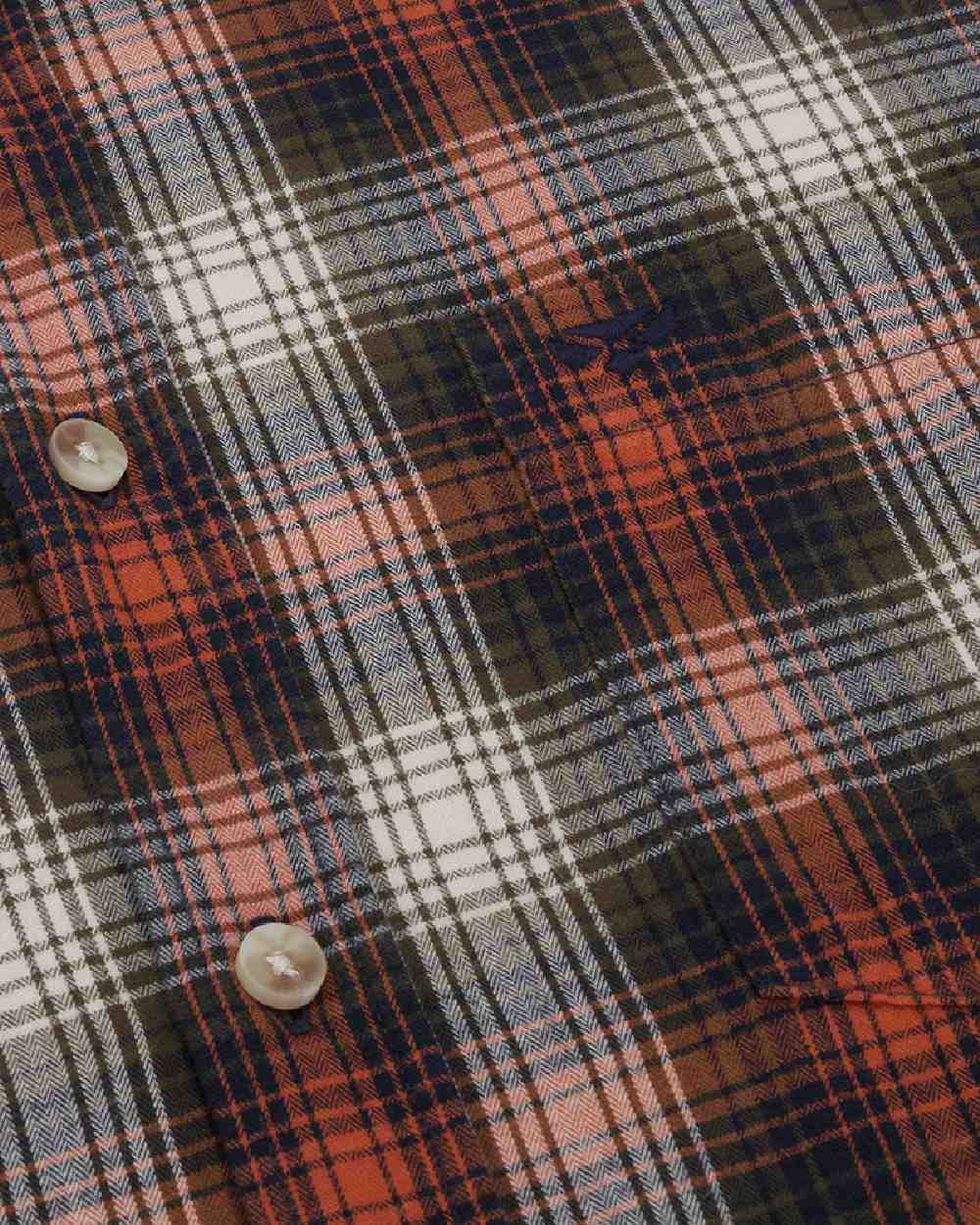 Rust Olive Navy coloured Hoggs of Fife Tiree Herringbone Check Shirt on white background #colour_rust-olive-navy