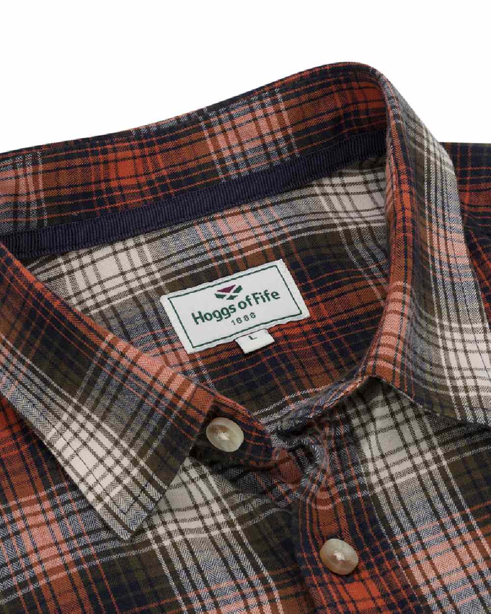 Rust Olive Navy coloured Hoggs of Fife Tiree Herringbone Check Shirt on white background #colour_rust-olive-navy