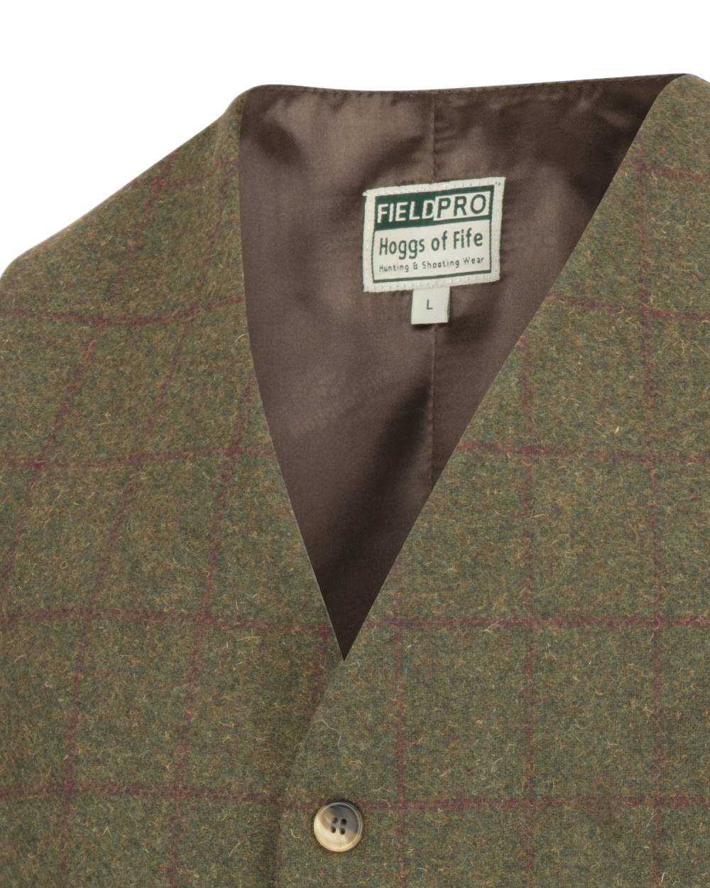 Olive Wine Coloured Hoggs of Fife Tummel Tweed Dress Waistcoat on white background #colour_olive-wine