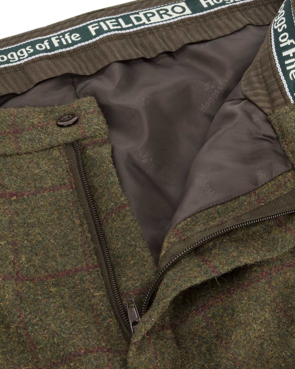 Olive Wine Coloured Hoggs of Fife Tummel Tweed Field Breeks on white background #colour_olive-wine