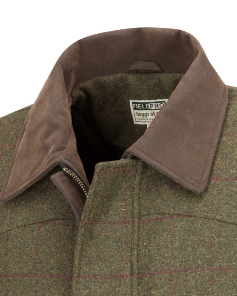 Olive Wine Coloured Hoggs of Fife Tummel Tweed Field Coat on white background #colour_olive-wine