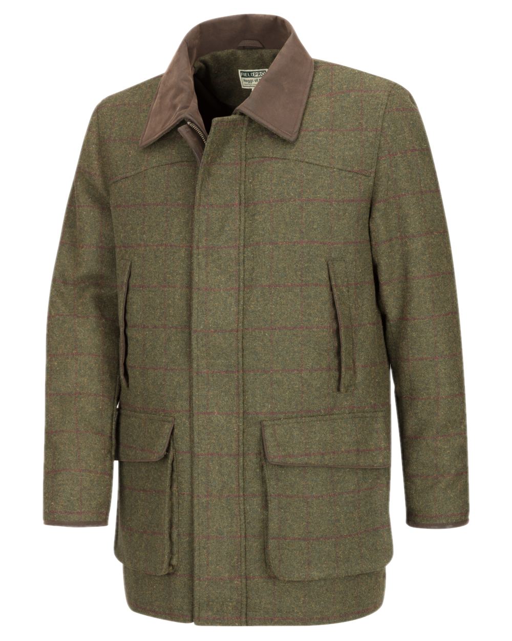 Olive Wine Coloured Hoggs of Fife Tummel Tweed Field Coat on white background #colour_olive-wine