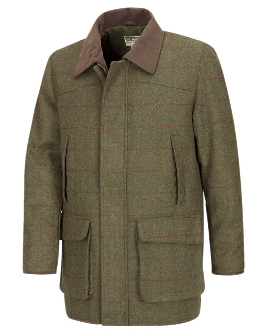 Olive Wine Coloured Hoggs of Fife Tummel Tweed Field Coat on white background #colour_olive-wine