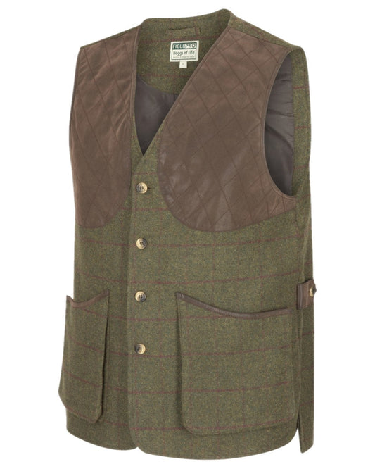 Olive Wine Coloured Hoggs of Fife Tummel Tweed Field Waistcoat on white background #colour_olive-wine