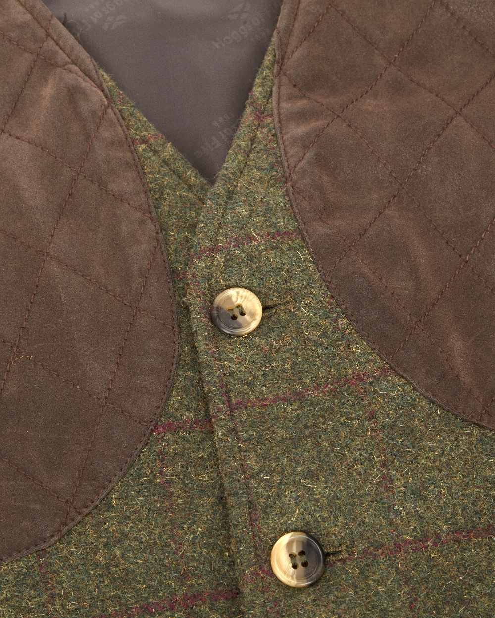 Olive Wine Coloured Hoggs of Fife Tummel Tweed Field Waistcoat on white background #colour_olive-wine