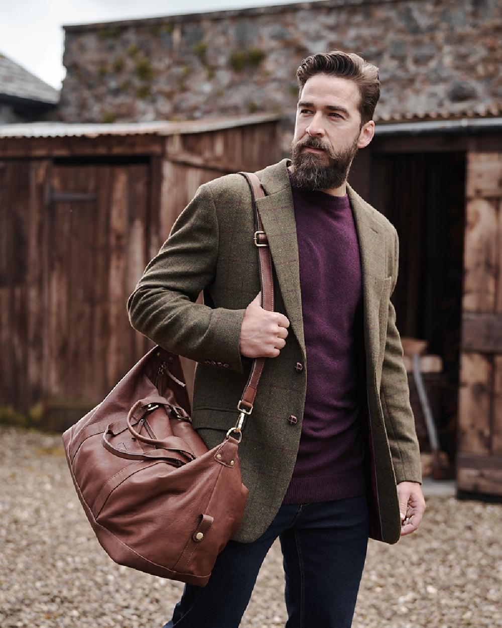 Olive Wine Coloured Hoggs of Fife Tummel Tweed Sports Jacket on house background #colour_olive-wine