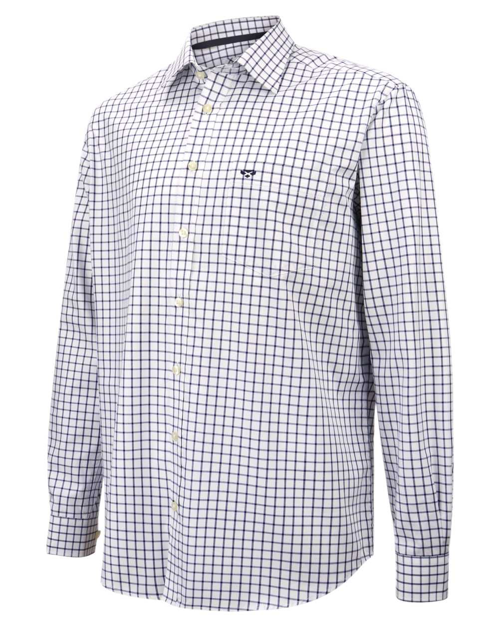 Navy White Check Coloured Hoggs of Fife Turnberry Cotton Twill Shirt on white background #colour_navy-white-check