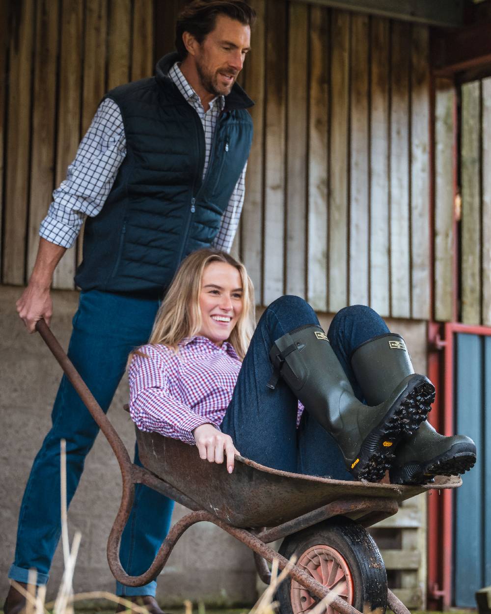 Navy White Check Coloured Hoggs of Fife Turnberry Cotton Twill Shirt on countryside background #colour_navy-white-check