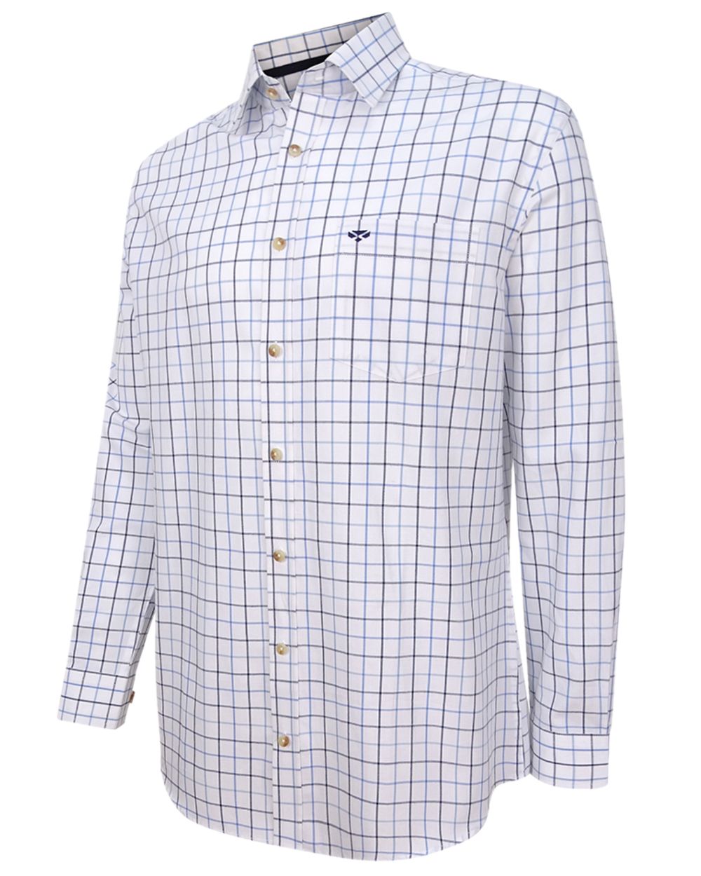 White Navy Check Coloured Hoggs of Fife Viscount Premier Tattersall Shirt on white background #colour_white-navy-check