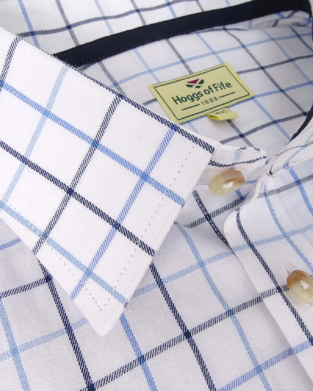 White Navy Check Coloured Hoggs of Fife Viscount Premier Tattersall Shirt on white background #colour_white-navy-check