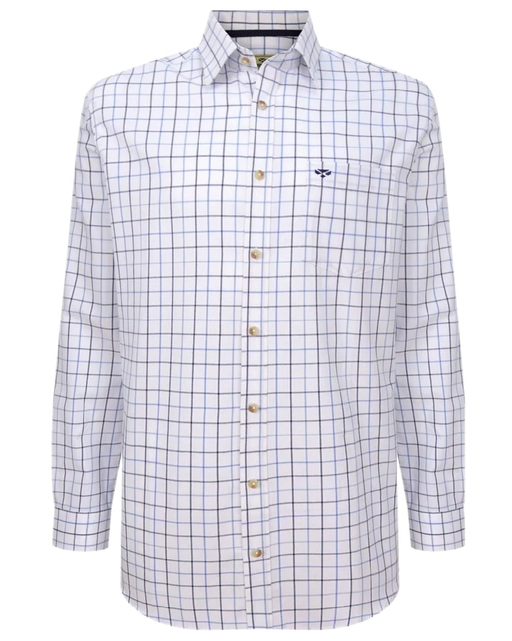 White Navy Check Coloured Hoggs of Fife Viscount Premier Tattersall Shirt on white background #colour_white-navy-check