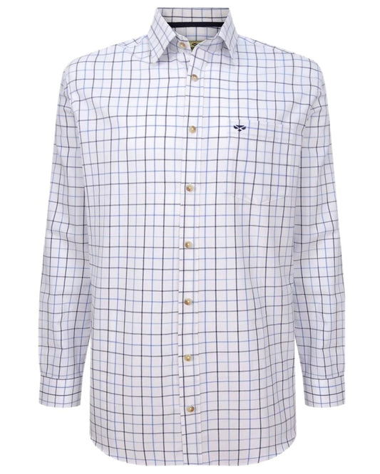 White Navy Check Coloured Hoggs of Fife Viscount Premier Tattersall Shirt on white background #colour_white-navy-check