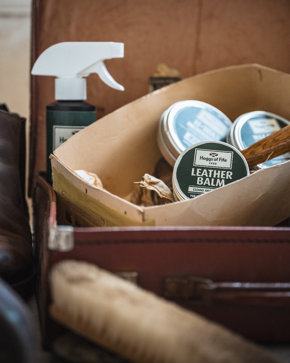 Neutral Coloured Hoggs of Fife Wax Leather Balm on store background #colour_neutral