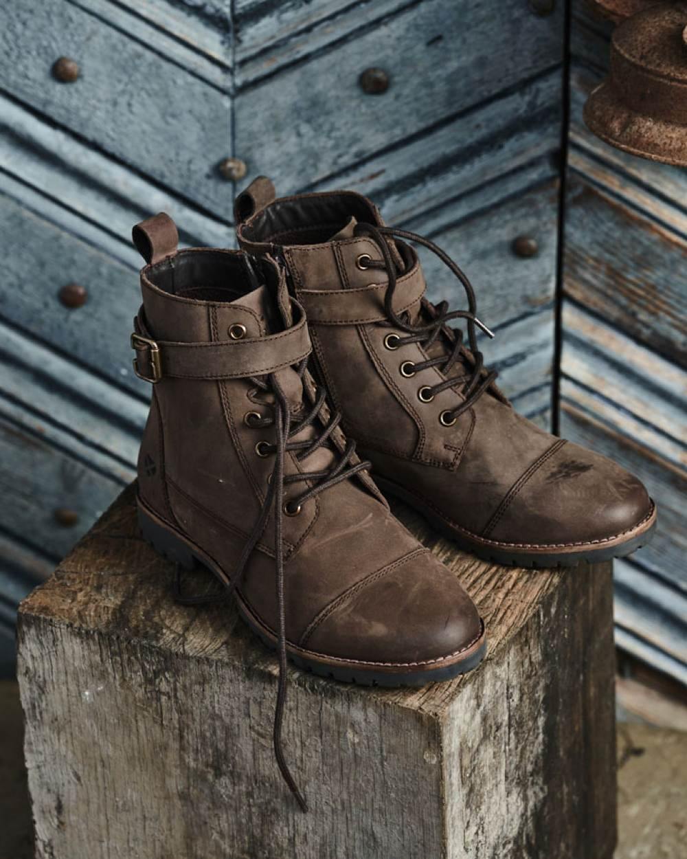 Brown Coloured Hoggs of Fife Womens Bridle Buckle Boots on wood background #colour_brown