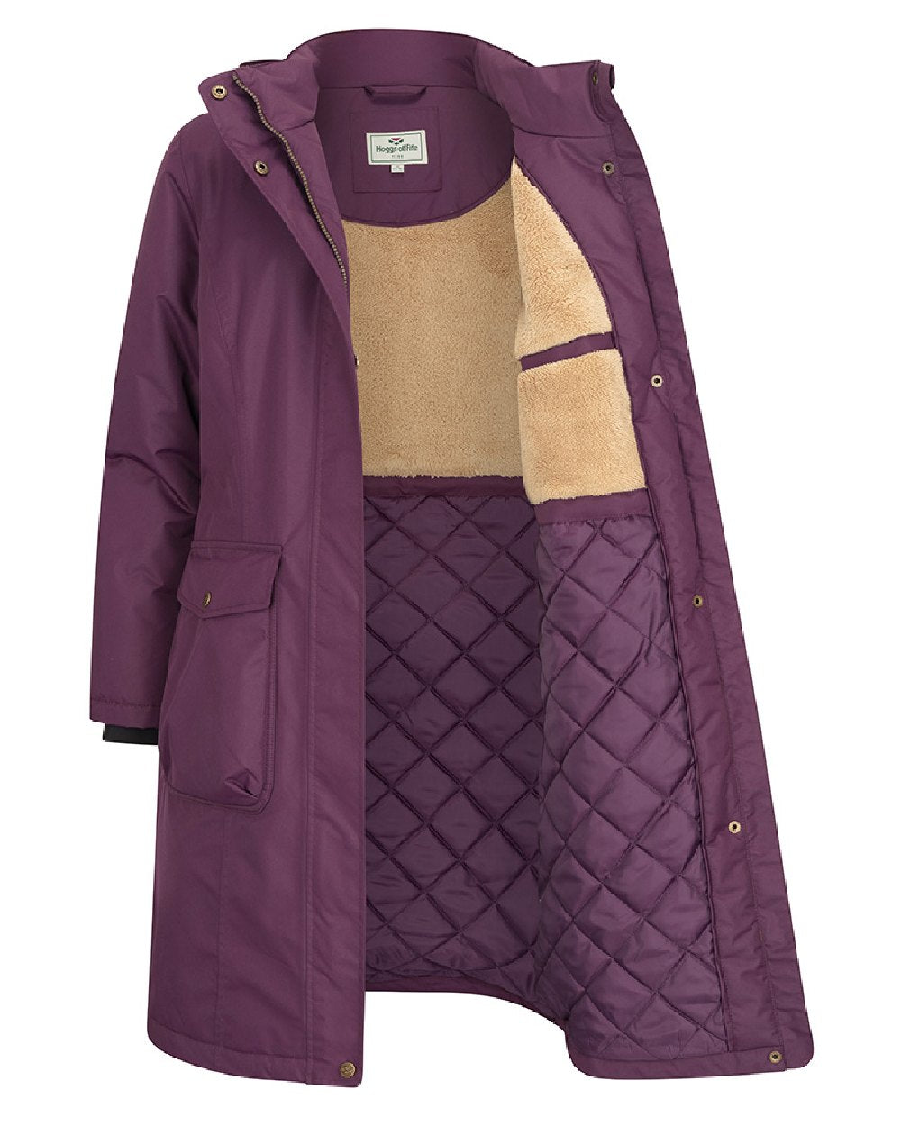 Black Berry Coloured Hoggs of Fife Womens Walker Long Coat on white background #colour_black-berry