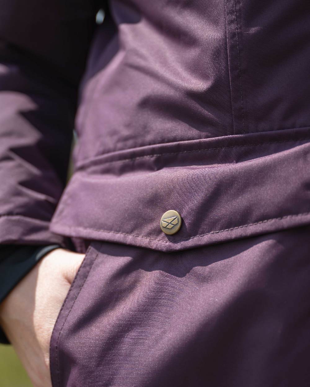 Black Berry Coloured Hoggs of Fife Womens Walker Long Coat on outdoor background #colour_black-berry