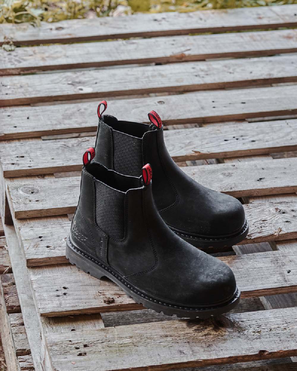 Crazy Horse Black Coloured Hoggs of Fife Zeus Safety Dealer Boots on wood background #colour_crazy-horse-black