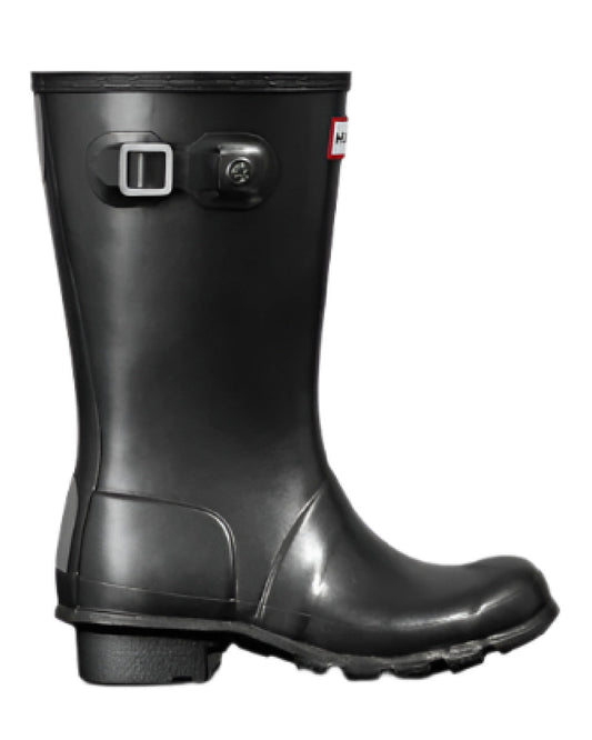 Black coloured Hunter Big Kids Original Pearlised Wellington Boots on white background #colour_black
