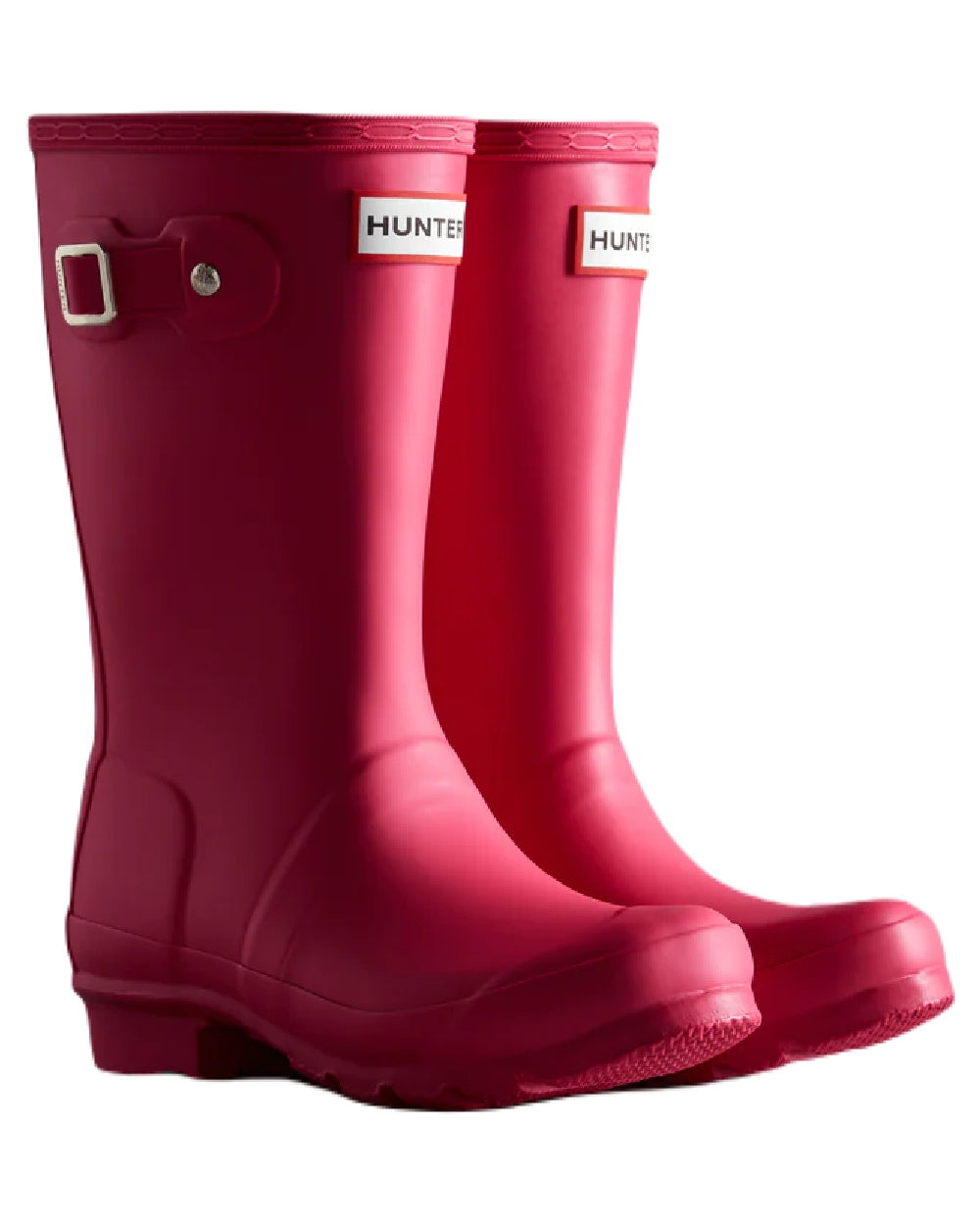Bright Pink coloured Hunter Big Kids Original Wellington Boots on white background #colour_bright-pink