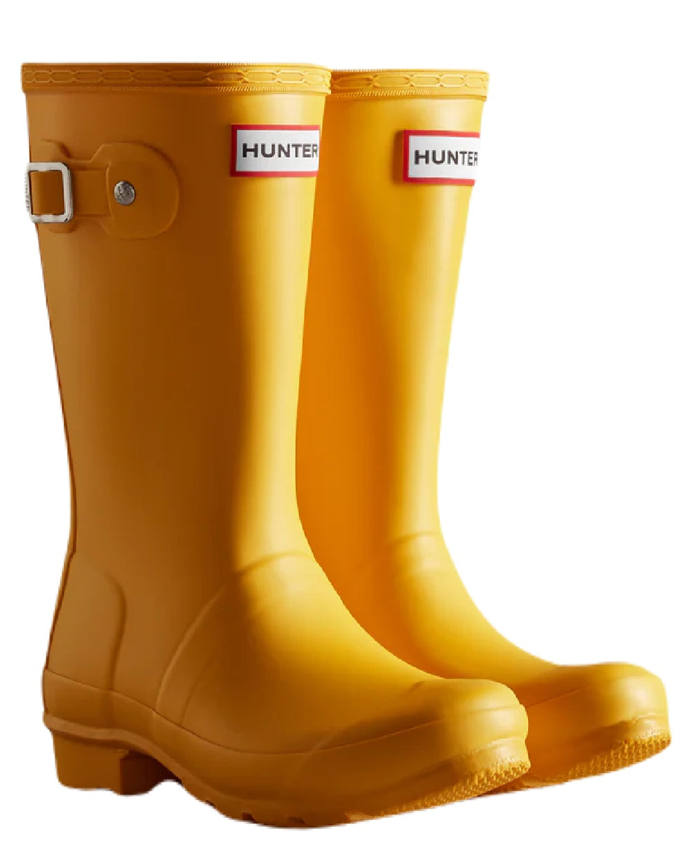 Yellow coloured Hunter Big Kids Original Wellington Boots on white background #colour_yellow