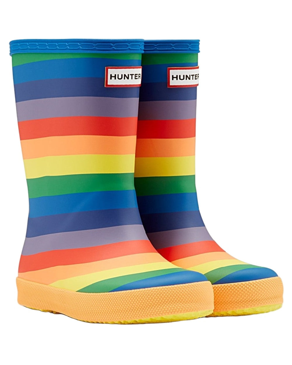 Multicoloured Coloured Hunter Kids First Classic Rainbow Print Wellingtons on white background #colour_multicoloured