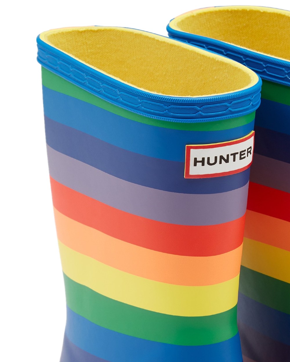 Multicoloured Coloured Hunter Kids First Classic Rainbow Print Wellingtons on white background #colour_multicoloured