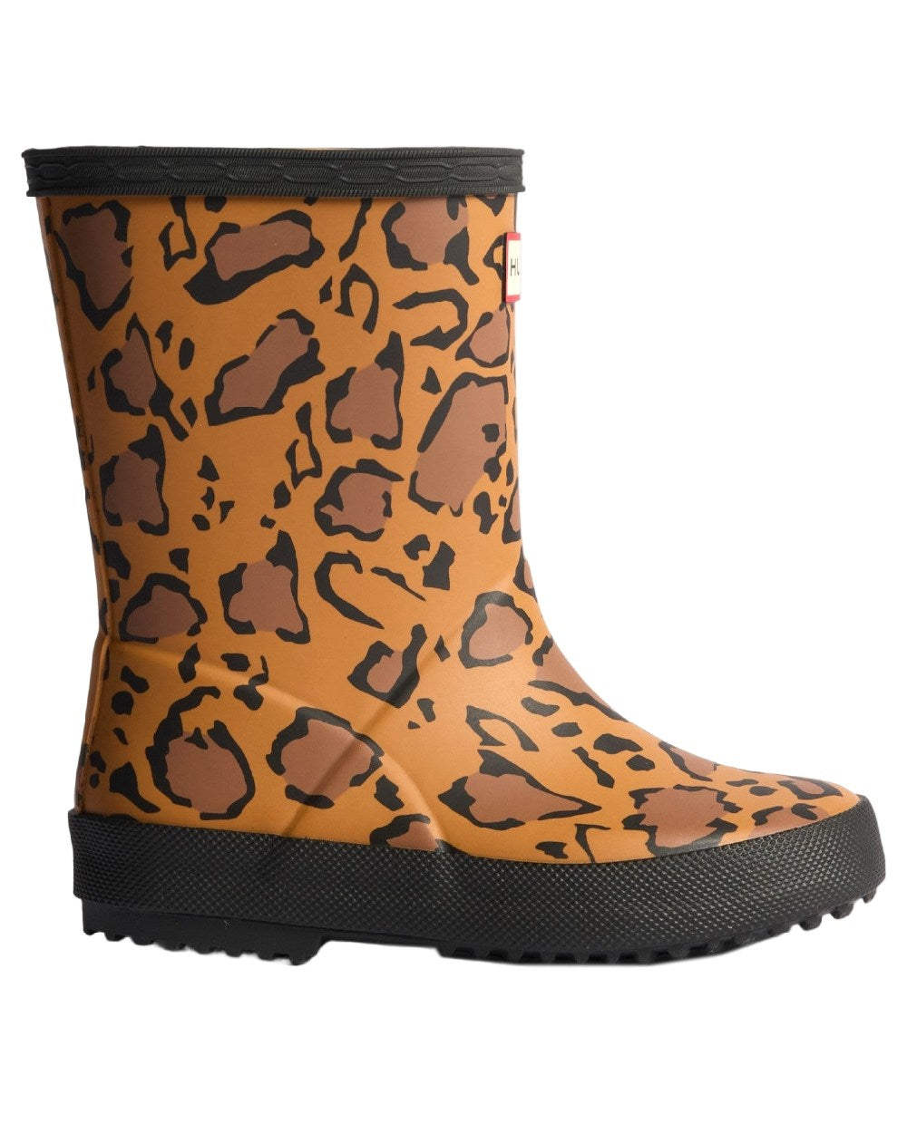 Rich Tan Saddle Black Coloured Hunter Kids First Leopard Print Wellington Boots on white background #colour_rich-tan-saddle-black