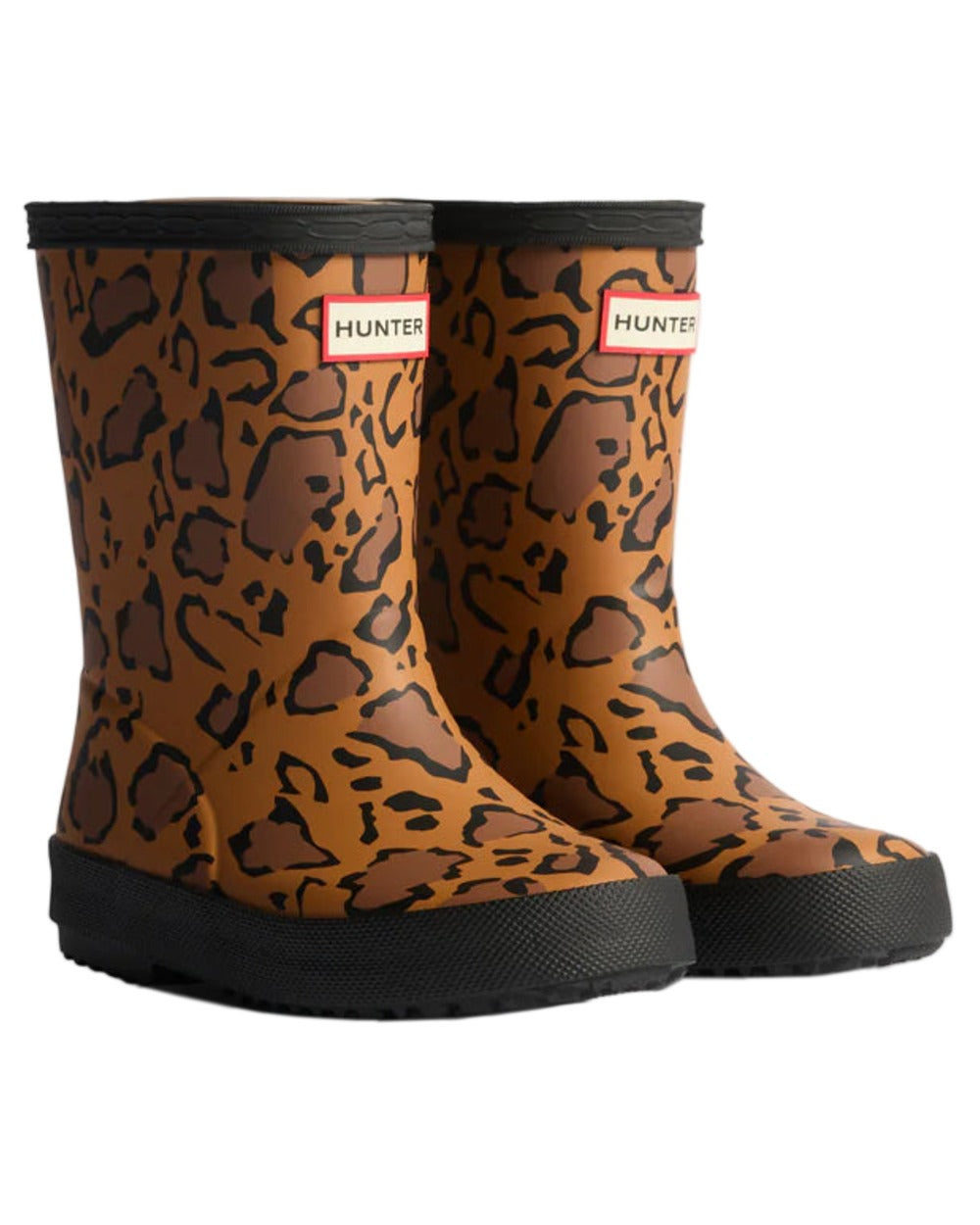 Rich Tan Saddle Black Coloured Hunter Kids First Leopard Print Wellington Boots on white background #colour_rich-tan-saddle-black