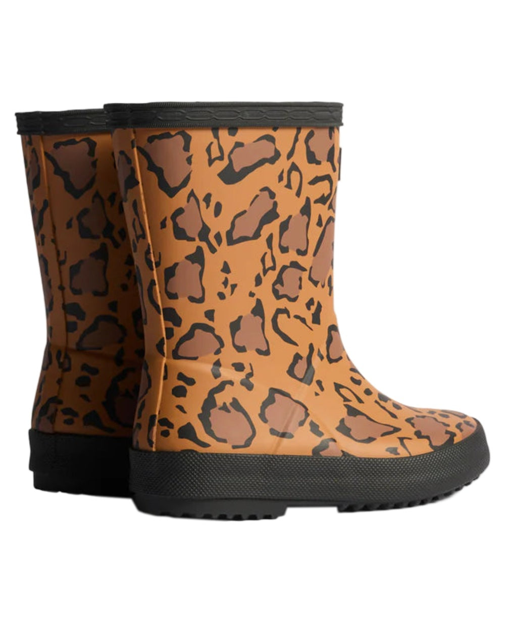 Rich Tan Saddle Black Coloured Hunter Kids First Leopard Print Wellington Boots on white background #colour_rich-tan-saddle-black
