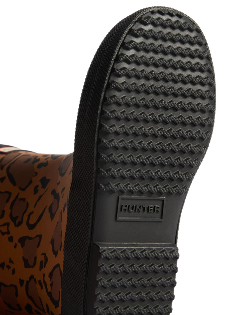 Rich Tan Saddle Black Coloured Hunter Kids First Leopard Print Wellington Boots on white background #colour_rich-tan-saddle-black