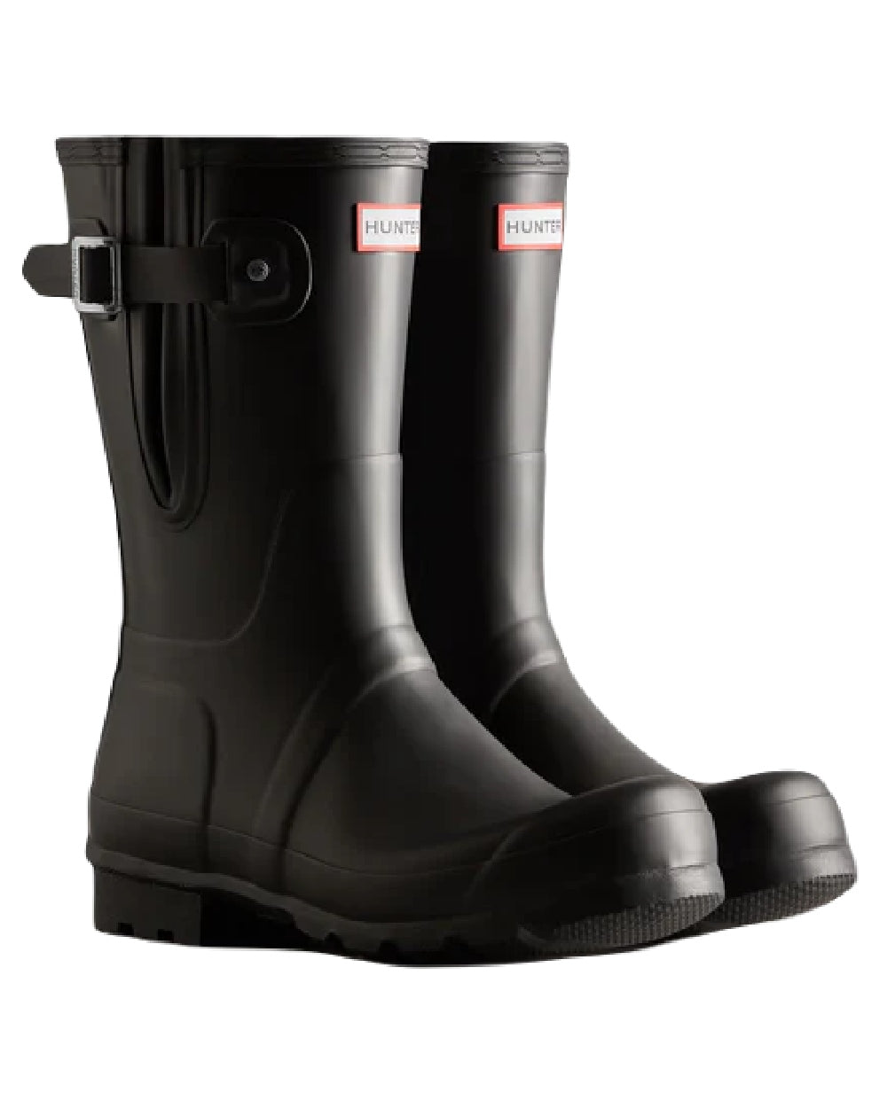 Black coloured Hunter Mens Adjustable Short Wellington Boots on white background #colour_black