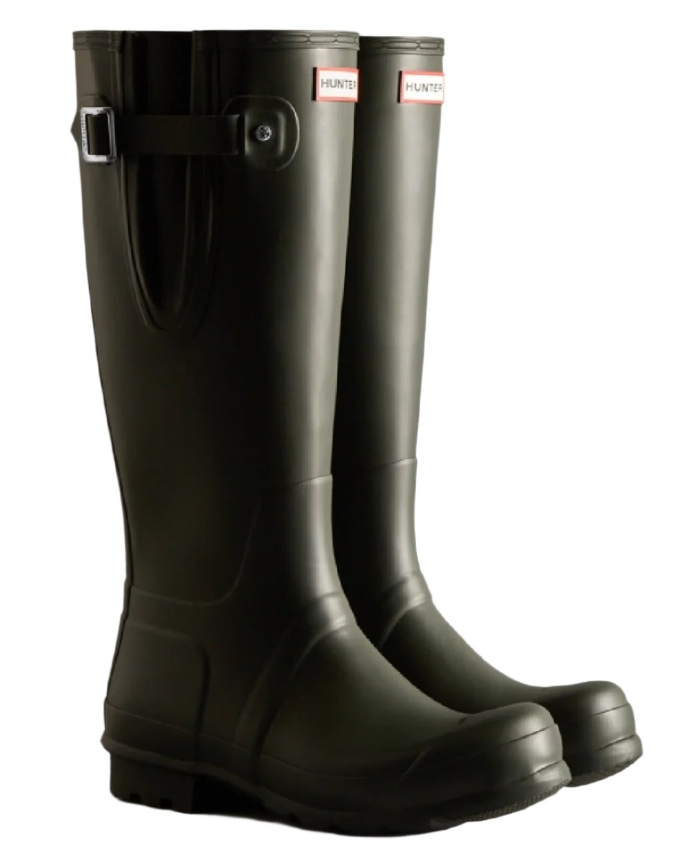 Dark Olive coloured Hunter Mens Tall Side Adjustable Wellington Boots on white background #colour_dark-olive