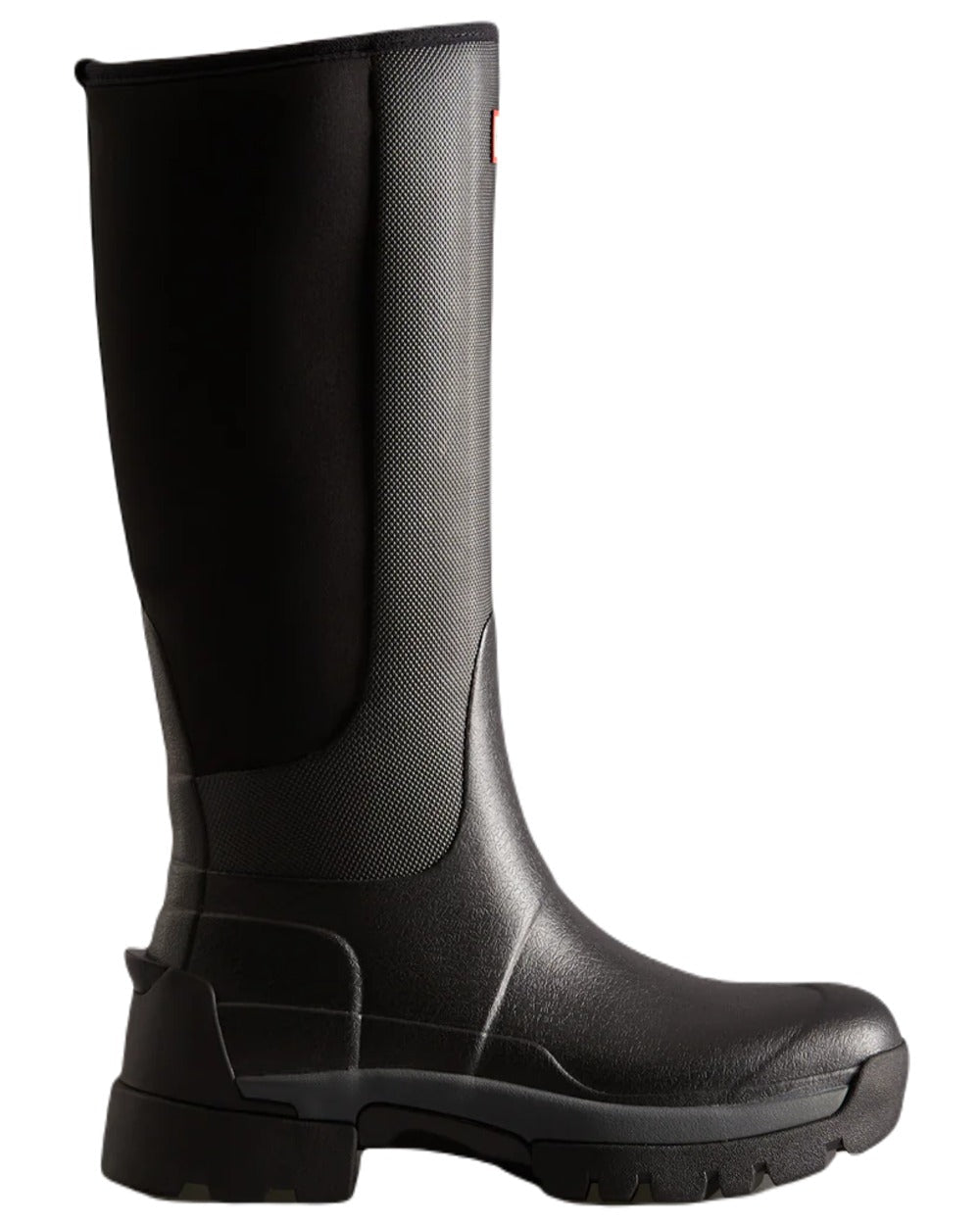 Black coloured Hunter Womens Balmoral Hybrid Tall Wellington Boots on white background #colour_black
